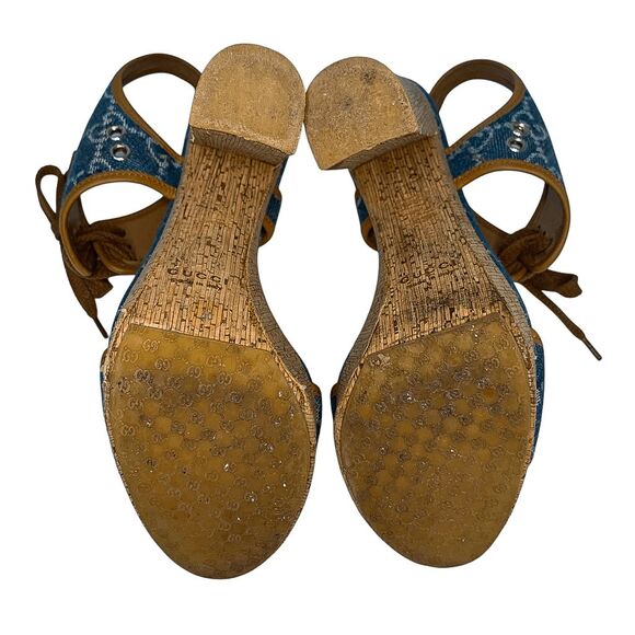 Gucci Double GG Logo Canvas Platform Sandal EU 38 US 8 Blue Slingback High Heel - Picture 10 of 11